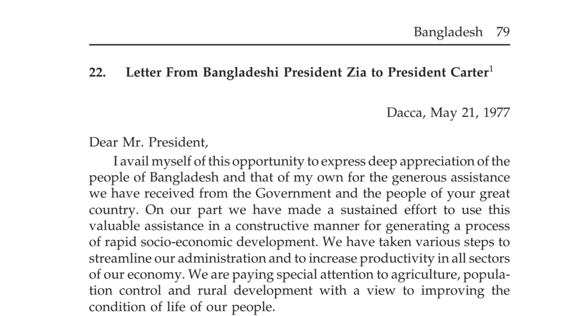 Zia’s exchange of letters with President Carter on food&nbsp;assistance